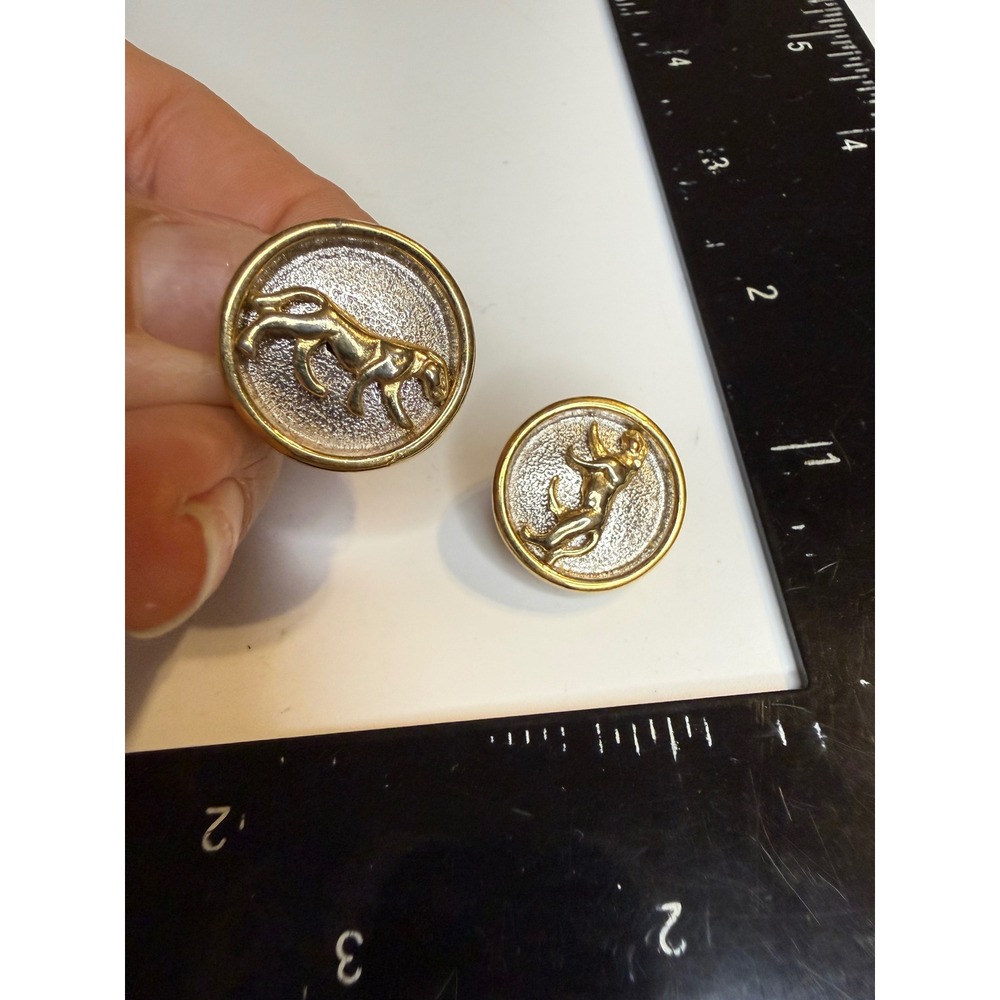 Two Tone Gold Silver Leaping Panther Clip On Earrings Round Textured Mixed Metal